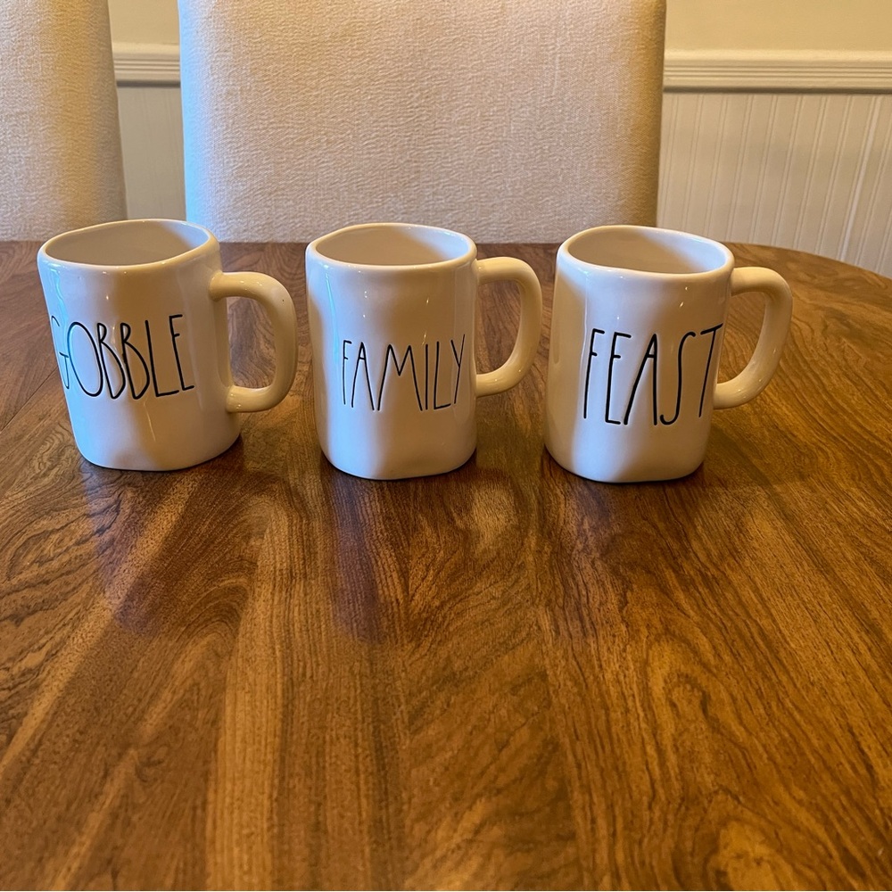 Rae Dunn Cream Mug Trio - Gobble, Family, Feast